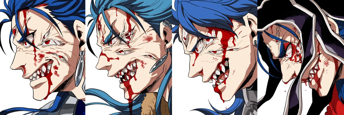 4boys blood blood_on_face blue_hair clenched_teeth close-up cu_chulainn_(fate/grand_order) cu_chulainn_(fate/prototype) cu_chulainn_alter_(fate/grand_order) earrings extra_eyes fate/grand_order fate_(series) hood horror_(theme) jewelry lancer male_focus messy_hair multiple_boys open_mouth profile red_eyes sharp_teeth simple_background teeth veins white_background yumiya