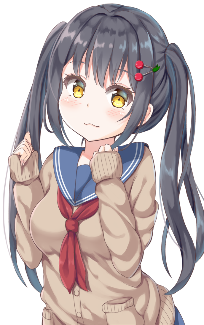 1girl bangs black_hair blue_sailor_collar blue_skirt blush breasts brown_cardigan brown_eyes cardigan cherry_hair_ornament closed_mouth commentary_request eyebrows_visible_through_hair fingernails food_themed_hair_ornament hair_ornament hairclip hands_up head_tilt keiran_(ryo170) long_hair looking_at_viewer medium_breasts neckerchief original red_neckwear sailor_collar school_uniform serafuku sidelocks simple_background skirt sleeves_past_wrists smile solo twintails very_long_hair white_background