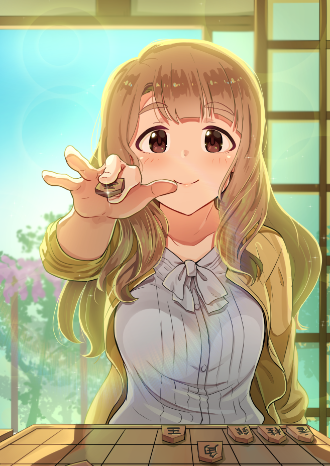 1girl blush board_game breasts brown_eyes brown_hair closed_mouth collarbone day eyebrows_visible_through_hair idolmaster idolmaster_million_live! indoors kamille_(vcx68) long_hair long_sleeves looking_at_viewer medium_breasts miyao_miya shougi smile solo