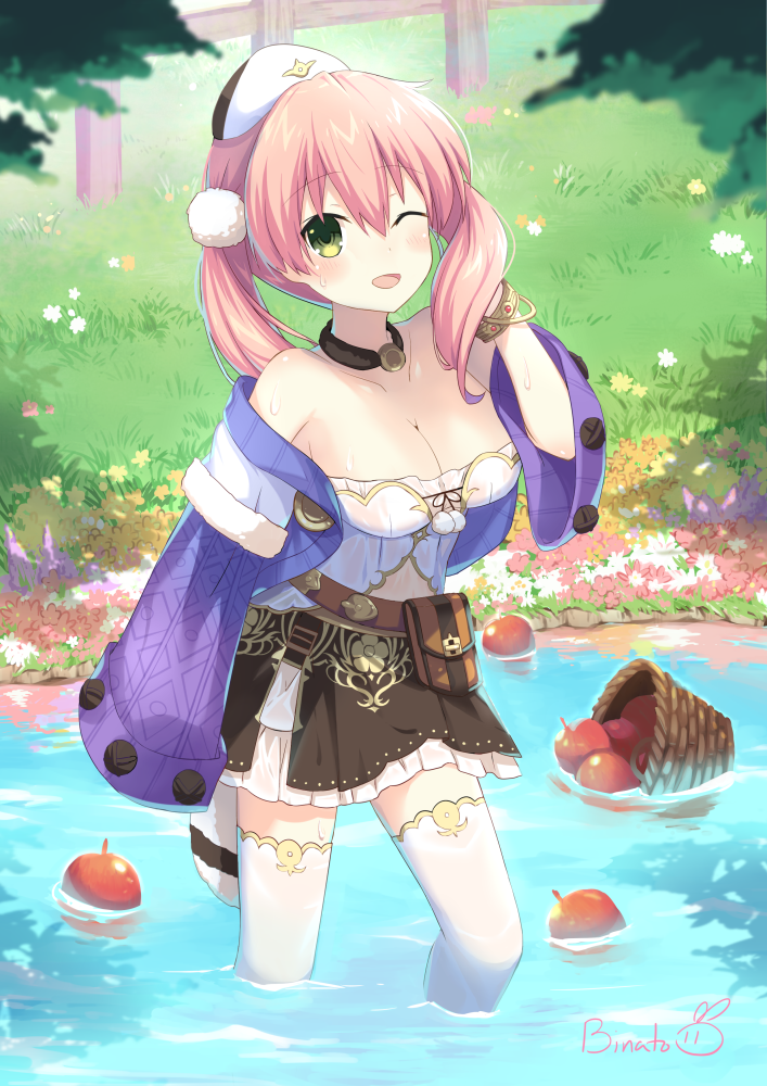 1girl ;d artist_name atelier_(series) atelier_escha_&amp;_logy bangle basket binato_lulu blurry bracelet breasts cleavage collarbone day depth_of_field escha_malier eyebrows_visible_through_hair fence flower grass green_eyes hair_between_eyes hat jewelry long_hair looking_at_viewer low_twintails medium_breasts off_shoulder one_eye_closed open_mouth outdoors pink_hair skirt sleeves_past_wrists smile solo tail thigh-highs twintails wading water white_hat white_legwear wooden_fence