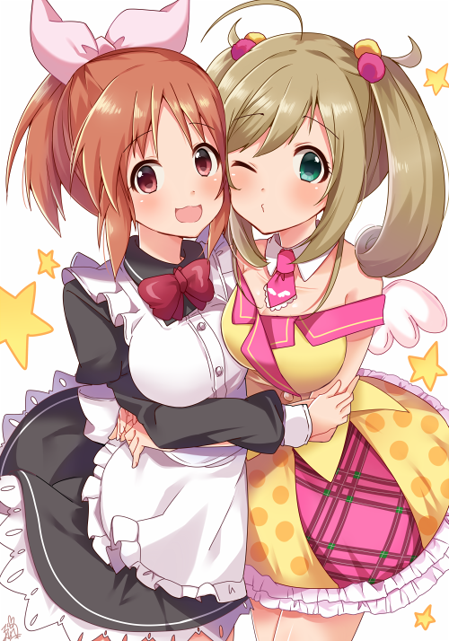 2girls :3 :d abe_nana ahoge apron bangs bare_shoulders black_dress blush bow bowtie breasts brown_hair closed_mouth collarbone commentary_request detached_collar dress eyebrows_visible_through_hair frilled_apron frilled_dress frills green_eyes hair_between_eyes hair_bobbles hair_ornament hair_ribbon hug idolmaster idolmaster_cinderella_girls juliet_sleeves light_brown_hair long_sleeves maid_headdress medium_breasts multiple_girls necktie off-shoulder_shirt omuretsu one_eye_closed open_mouth parted_bangs pink_neckwear pink_ribbon polka_dot_skirt ponytail puffy_sleeves red_eyes red_neckwear ribbon satou_shin shirt short_necktie simple_background skirt smile star twintails white_apron white_background white_collar white_wings wing_collar wings yellow_shirt yellow_skirt