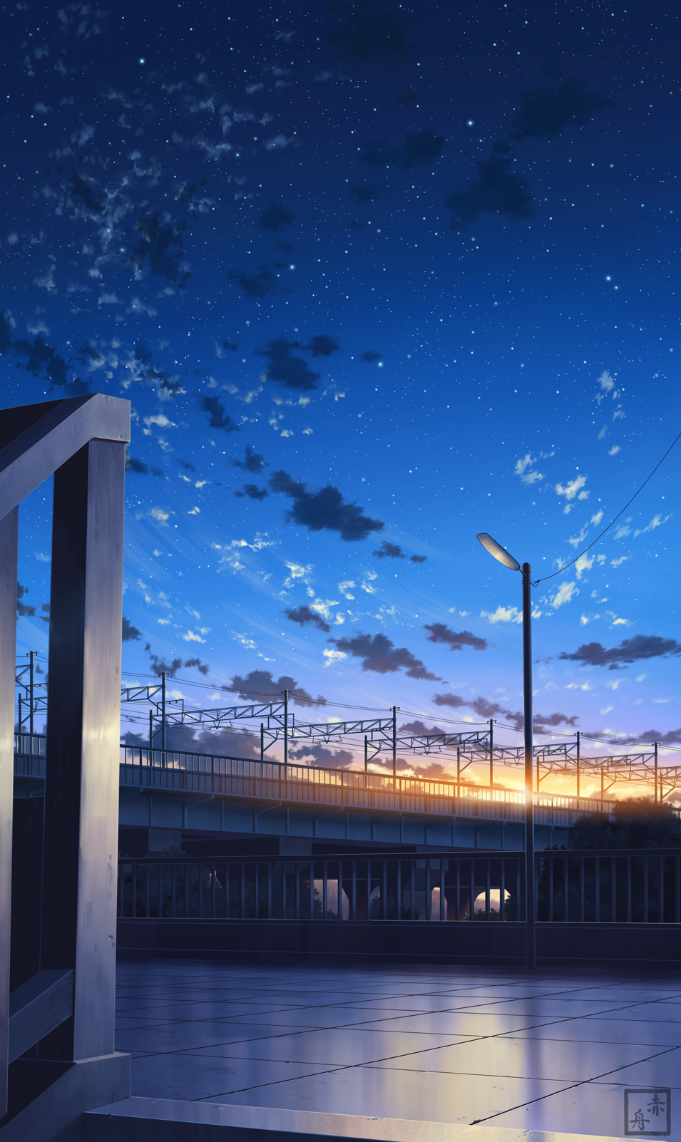 akafune artist_name highres lamppost night night_sky no_humans original outdoors power_lines railing scenery sky star_(sky) starry_sky watermark