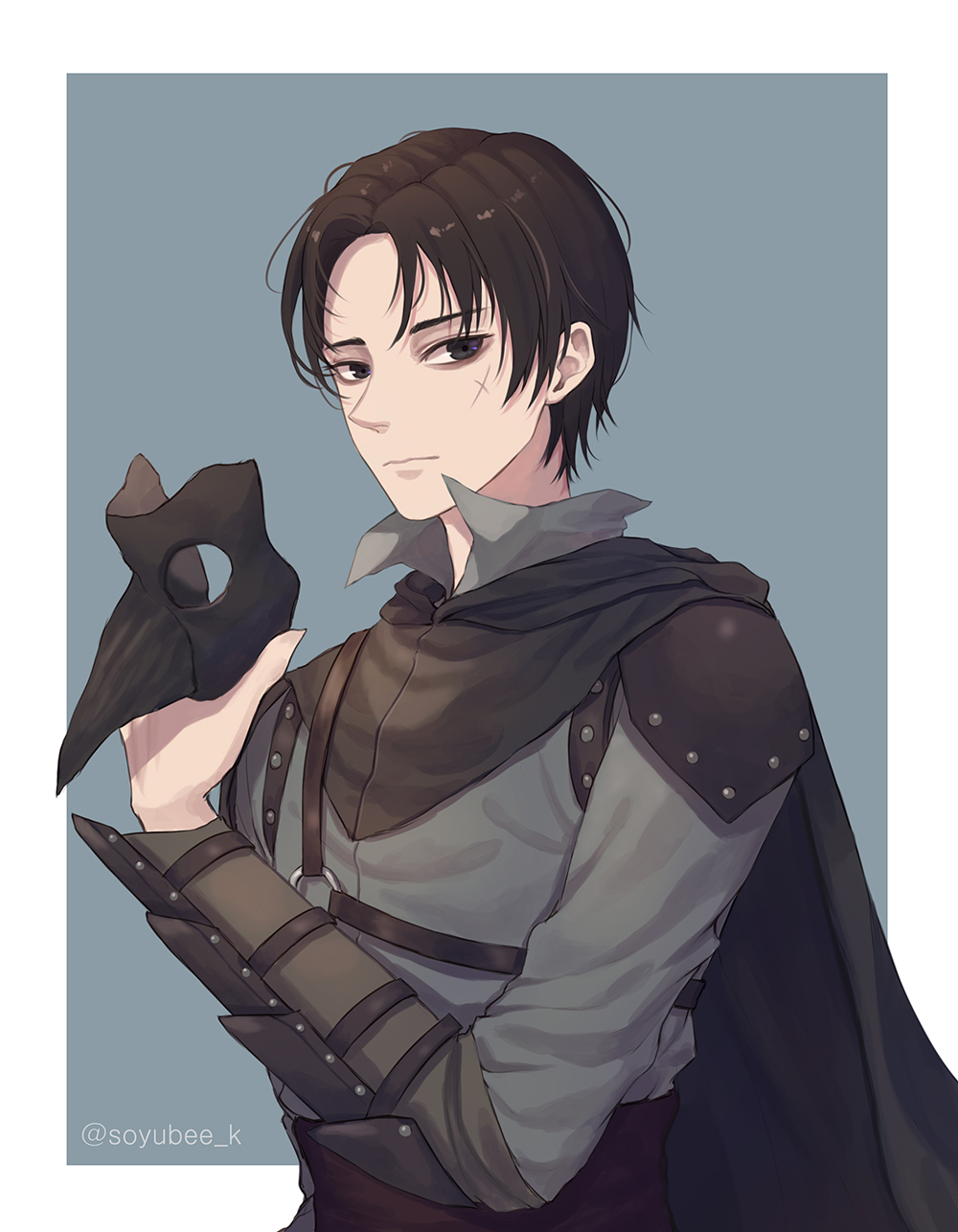 1boy black_cape black_eyes black_hair bracer cape commission facial_scar highres male_focus mask mask_removed o-ring plague_doctor_mask scar simple_background solo soyubee standing twitter_username upper_body