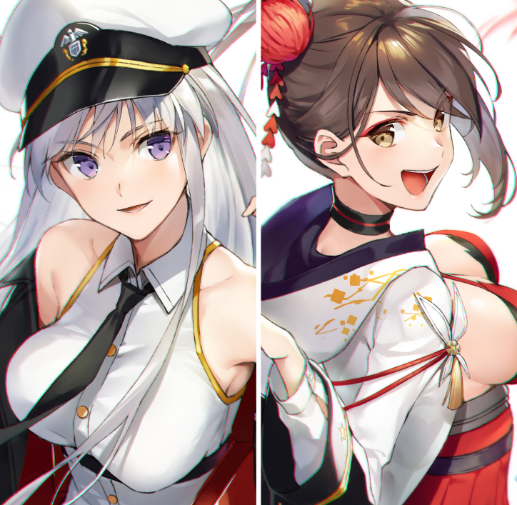 1girl :d azur_lane bangs bare_shoulders black_coat black_neckwear breasts brown_eyes brown_hair choker collar collarbone collared_shirt commentary_request dress enterprise_(azur_lane) eyebrows_visible_through_hair hair_ornament hair_up hat jacket large_breasts looking_at_viewer looking_back military military_hat necktie open_mouth peaked_cap red_dress shirt sideboob silver_hair sleeveless sleeveless_shirt smile strapless strapless_dress tokki underbust violet_eyes white_hat white_jacket zuikaku_(azur_lane)