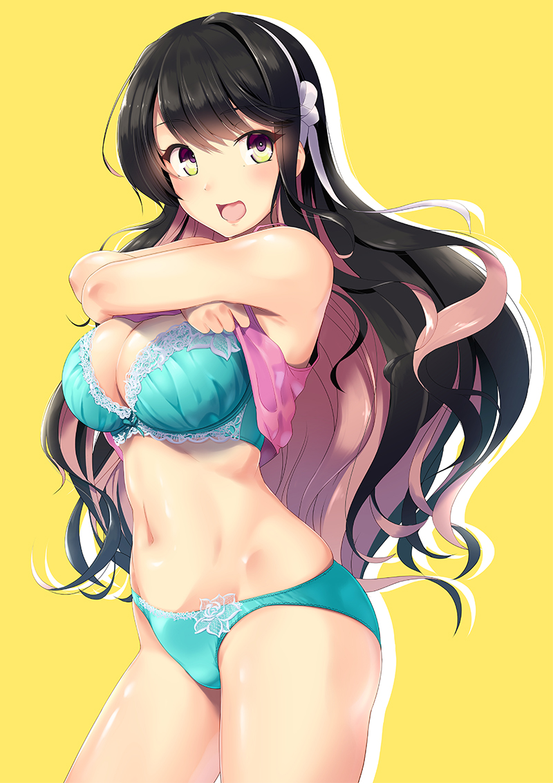 1girl 8000 alternate_costume aqua_bra aqua_panties armpits bangs black_hair blush bra breasts cleavage commentary_request cowboy_shot eyebrows_visible_through_hair flower frilled_bra frills hair_between_eyes hair_ribbon kantai_collection large_breasts lingerie long_hair looking_at_viewer multicolored_hair naganami_(kantai_collection) navel open_mouth panties pink_hair ribbon simple_background smile solo standing two-tone_hair underwear undressing wavy_hair yellow_eyes
