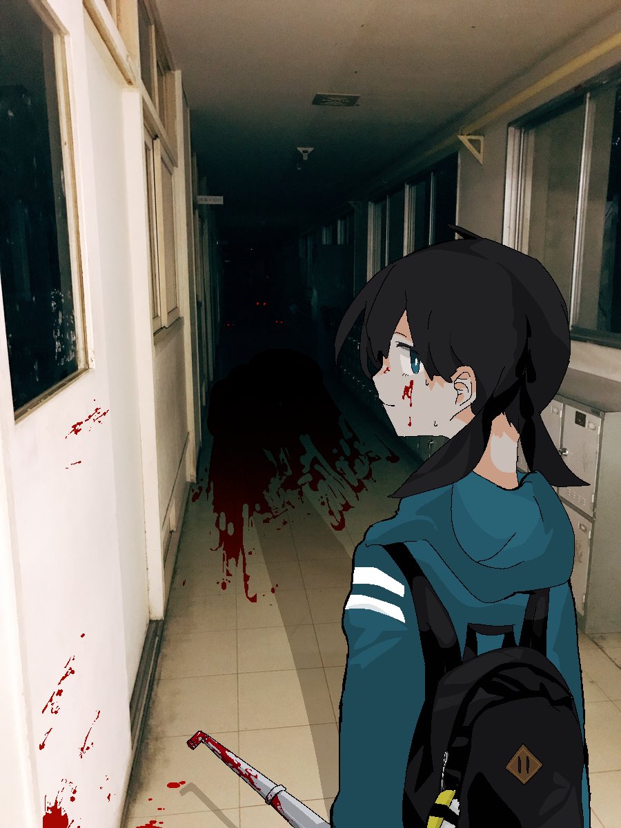 1girl backpack bag bangs black_hair blood blood_on_face blood_on_wall blood_splatter blood_stain blue_jacket charm_(object) closed_mouth commentary_request creepy eguchi_saan eyes_in_shadow from_behind hallway highres holding hood hooded_jacket horror indoors jacket looking_at_viewer looking_back low_twintails original photo_background school solo sushi_charm tile_floor tiles twintails what window yandere