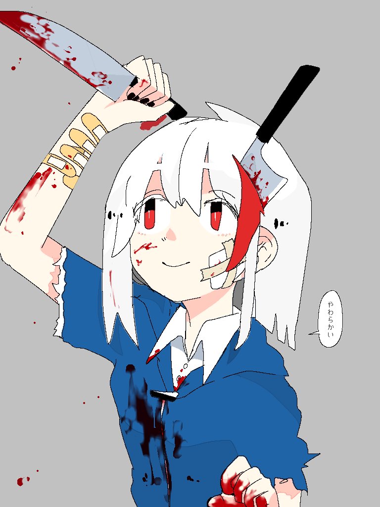 1girl bangs black_nails blood blood_on_arm blood_on_face bloody_clothes bloody_hair bloody_hands bloody_knife blue_jacket closed_mouth collared_shirt commentary_request cutoffs eguchi_saan eguchi_saan's_red_highlight_girl eyebrows_visible_through_hair fingernails grey_background highleg holding holding_knife hood hooded_jacket jacket kitchen_knife knife knife_in_head looking_to_the_side nail_polish original red_eyes shirt shirt_under_jacket short_hair short_sleeves simple_background sketch_eyebrows smile solo speech_bubble translated white_hair white_shirt