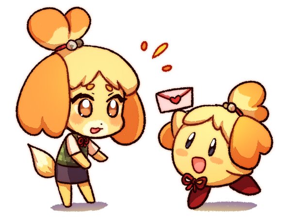 1girl animal_ears bell blonde_hair blush blush_stickers card dog dog_ears dog_girl dog_tail doubutsu_no_mori furry hair_ornament hoshi_no_kirby kataro kirby kirby_(series) nintendo open_mouth shizue_(doubutsu_no_mori) short_hair skirt smile super_smash_bros. super_smash_bros_ultimate tail tobidase:_doubutsu_no_mori topknot