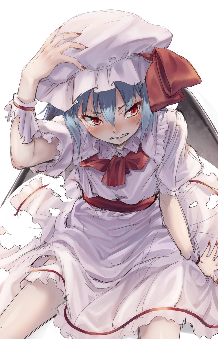 1girl arm_up bangs bat_wings blue_hair blush clenched_teeth commentary_request cowboy_shot dress eyebrows_visible_through_hair frilled_shirt_collar frills hair_between_eyes hand_on_headwear hat hat_ribbon highres looking_at_viewer mob_cap nail_polish puffy_short_sleeves puffy_sleeves red_eyes red_nails red_neckwear red_ribbon red_sash remilia_scarlet ribbon sash short_hair short_sleeves simple_background sitting solo tears teeth thighs torn_clothes torn_dress touhou usotsuki_penta v-shaped_eyebrows white_background white_dress white_hat wings wrist_cuffs