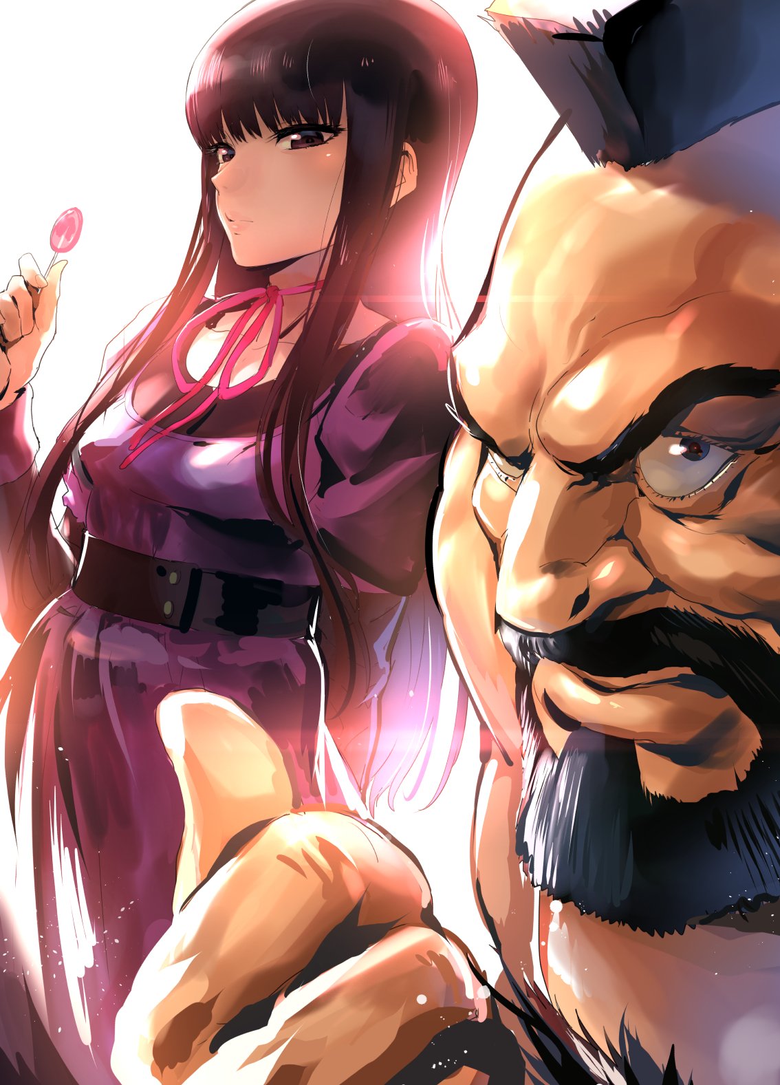 1boy 1girl backlighting beard belt black_eyes black_hair candy chest_hair commentary_request dress facial_hair food high_score_girl highres hime_cut iku_(ikuchan_kaoru) lens_flare light_particles lollipop long_hair looking_at_viewer mohawk oono_akira pointing street_fighter zangief