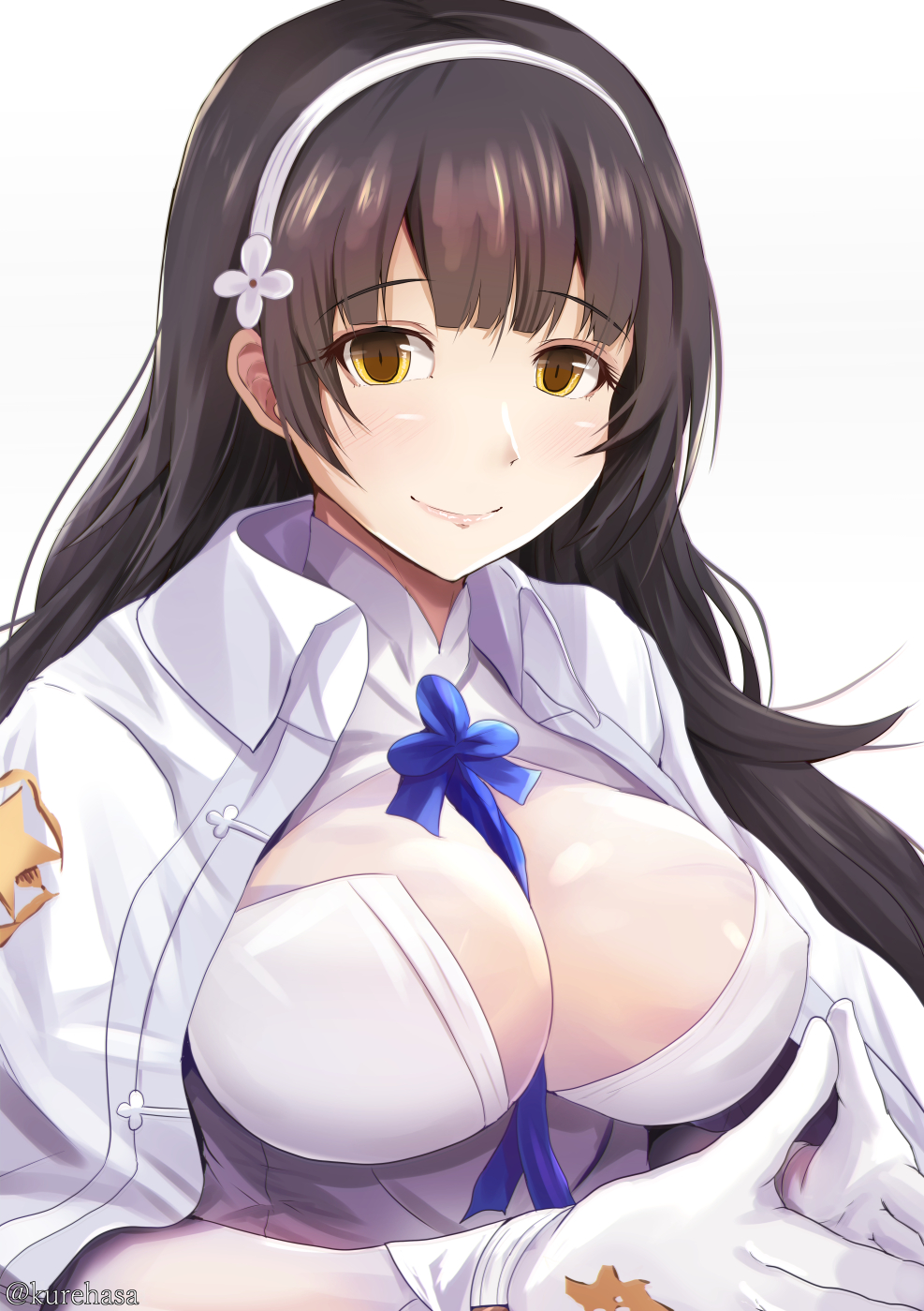 1girl bangs between_breasts black_hair blunt_bangs breasts cleavage covered_nipples eyebrows_visible_through_hair girls_frontline gloves hairband highres hime_cut kanzaki_kureha long_hair looking_at_viewer qbz-95_(girls_frontline) smile solo steepled_fingers twitter_username white_coat white_gloves yellow_eyes