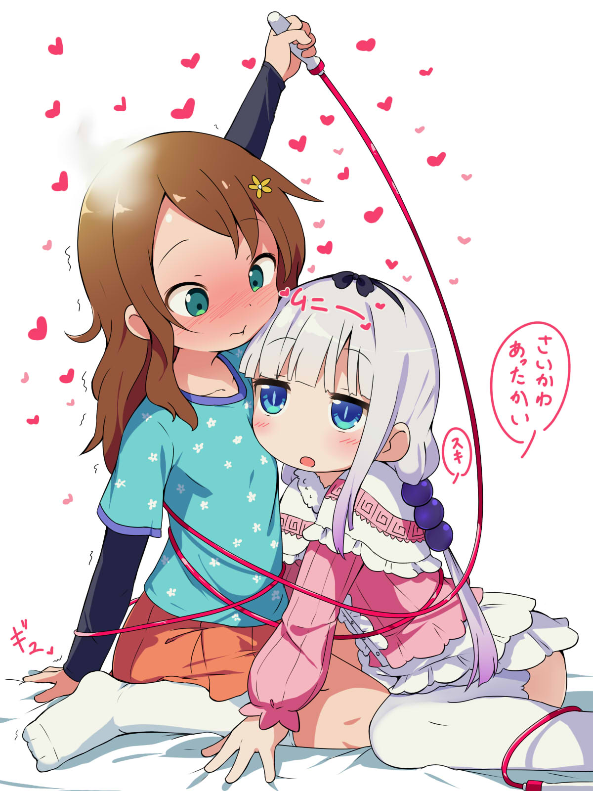 2girls :o :t arm_up bangs beads blue_eyes blue_shirt blunt_bangs blush brown_hair capelet child collarbone commentary_request frilled_capelet frills gradient_hair green_eyes hair_beads hair_ornament heart highres jump_rope kanna_kamui kneehighs kobayashi-san_chi_no_maidragon long_hair long_sleeves makuran multicolored_hair multiple_girls open_mouth orange_skirt purple_hair saikawa_riko shirt short_over_long_sleeves short_sleeves simple_background sitting skirt thigh-highs translated wariza white_background white_hair white_legwear