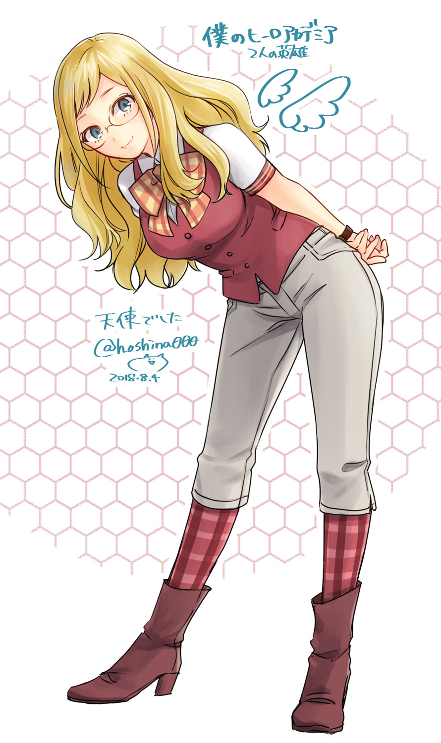 1girl ankle_boots arms_behind_back blonde_hair blue_eyes boku_no_hero_academia boots bow breasts collared_shirt commentary_request culottes dated glasses highres hoshina_satoya large_breasts leaning_forward long_hair looking_at_viewer melissa_shield plaid plaid_legwear rimless_eyewear shirt signature solo translated twitter_username vest watch