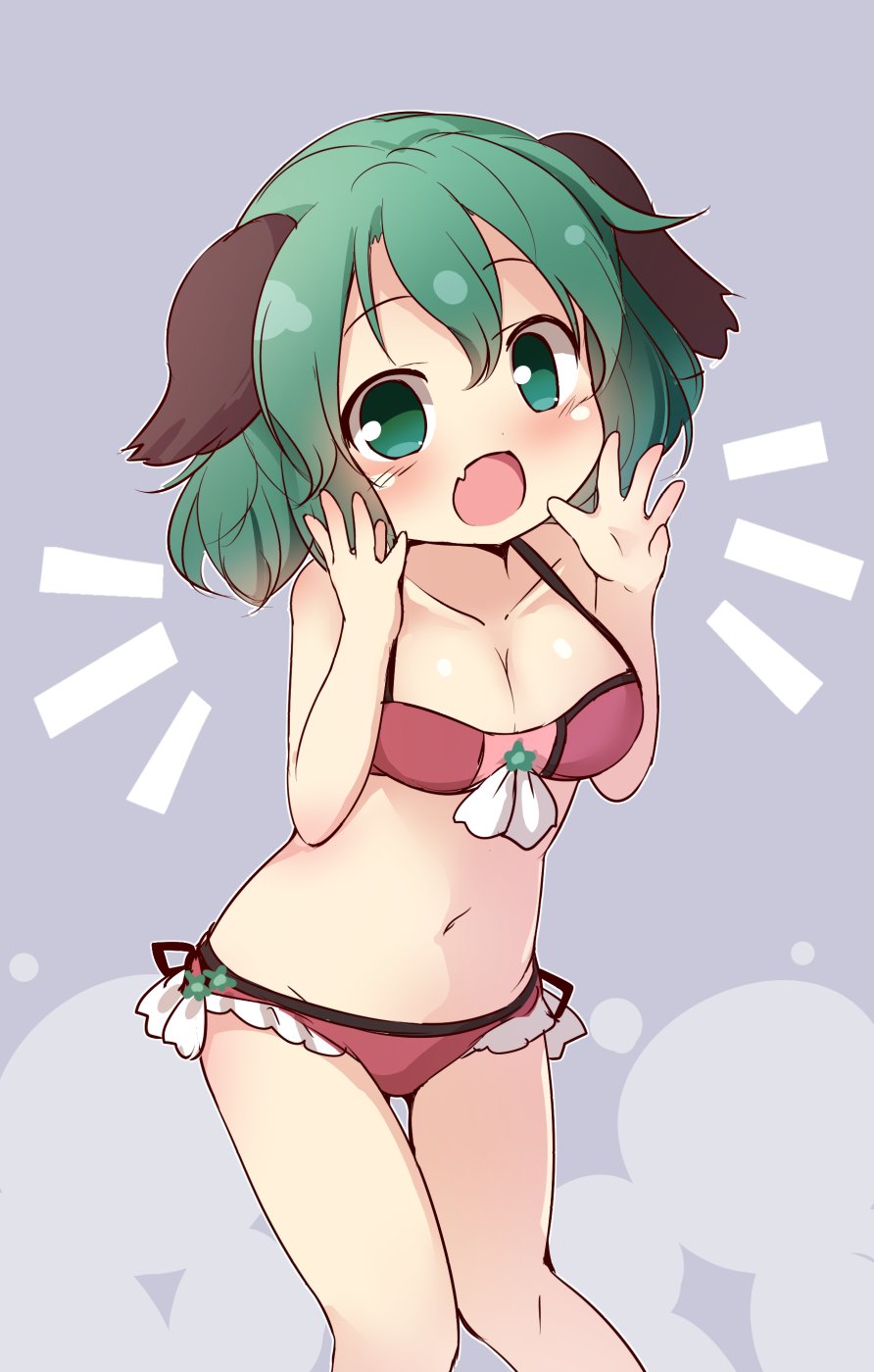 1girl animal_ears arms_up baku-p bikini breasts cleavage commentary_request dog_ears fang green_eyes green_hair highres kasodani_kyouko navel open_mouth purple_bikini purple_swimsuit short_hair shouting solo swimsuit touhou