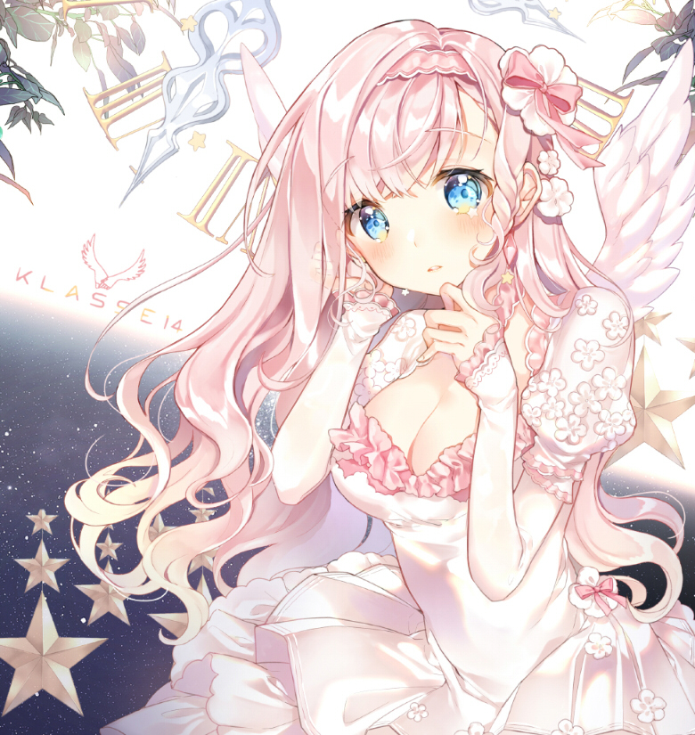 1girl bangs blue_eyes blush bow breasts cleavage clock dress eyebrows_visible_through_hair feathered_wings flower hair_bow head_tilt klasse14 large_breasts long_hair long_sleeves looking_at_viewer original parted_lips pingo pink_bow pink_hair pink_wings puffy_short_sleeves puffy_sleeves roman_numerals short_over_long_sleeves short_sleeves sleeves_past_wrists solo star very_long_hair white_dress white_flower wings