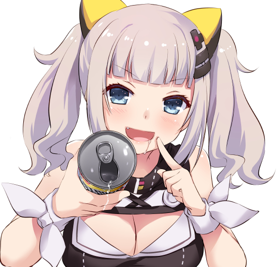 1girl :d bangs bare_shoulders black_dress blunt_bangs blush breasts can cleavage cleavage_cutout dress drooling eyebrows_visible_through_hair fang finger_to_mouth hair_ornament hairclip hands_up holding holding_can kaguya_luna kaguya_luna_(character) looking_at_viewer medium_breasts nakajima_yuka open_mouth saliva silver_hair simple_background sleeveless sleeveless_dress smile solo strong_zero twintails v-shaped_eyebrows virtual_youtuber white_background