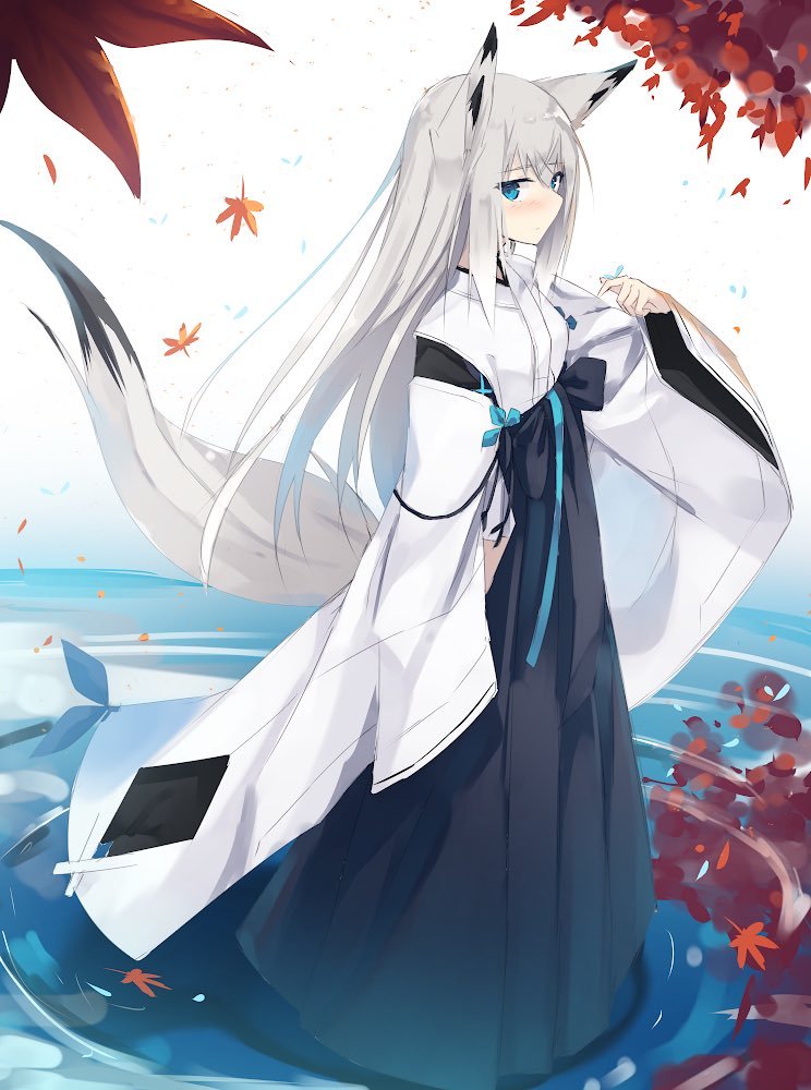 1girl animal_ears bangs blush commentary_request fox_ears fox_girl fox_tail grey_hair hair_between_eyes hakama hakama_skirt japanese_clothes leaf long_hair looking_at_viewer maple_leaf nagishiro_mito original ripples sidelocks solo standing standing_on_liquid tail water wide_sleeves