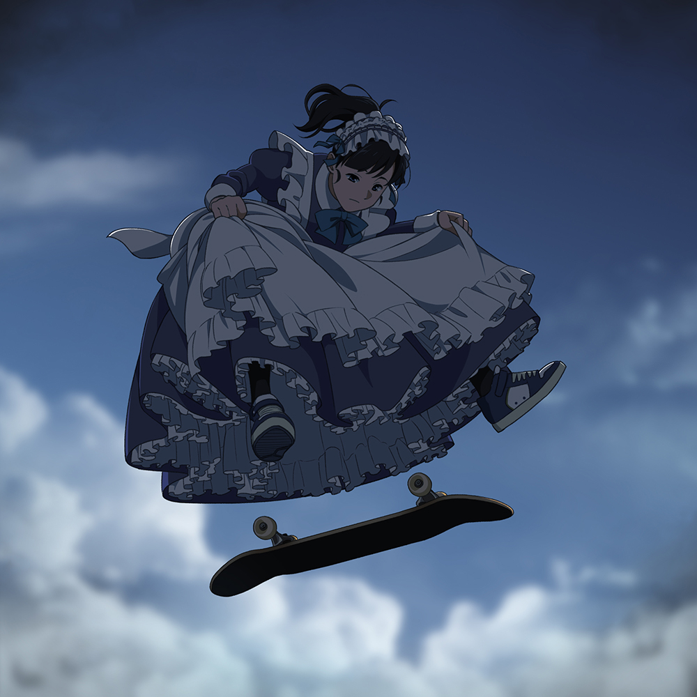 1girl anime_coloring apron black_hair brown_hair clouds commentary dark dress dress_lift floating_hair jumping looking_down maid maid_apron maid_headdress original ponytail serious shoes skateboard skateboarding sky sneakers solo suzushiro_(suzushiro333)