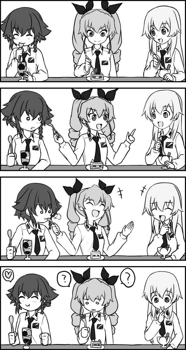 +++ 3girls :t =3 ? anchovy anzio_school_uniform bangs black_ribbon braid cake carpaccio closed_eyes closed_mouth comic commentary_request dress_shirt drill_hair eating emblem eyebrows_visible_through_hair food food_theft fork girls_und_panzer greyscale heart highres holding holding_fork holding_spoon ice_cream laughing long_sleeves looking_at_another monochrome multiple_girls necktie o_o open_mouth parfait partial_commentary pointing ribbon ruka_(piyopiyopu) school_uniform shirt short_hair side_braid silent_comic sitting smile spoken_heart spoken_question_mark spoon sundae twin_drills twintails