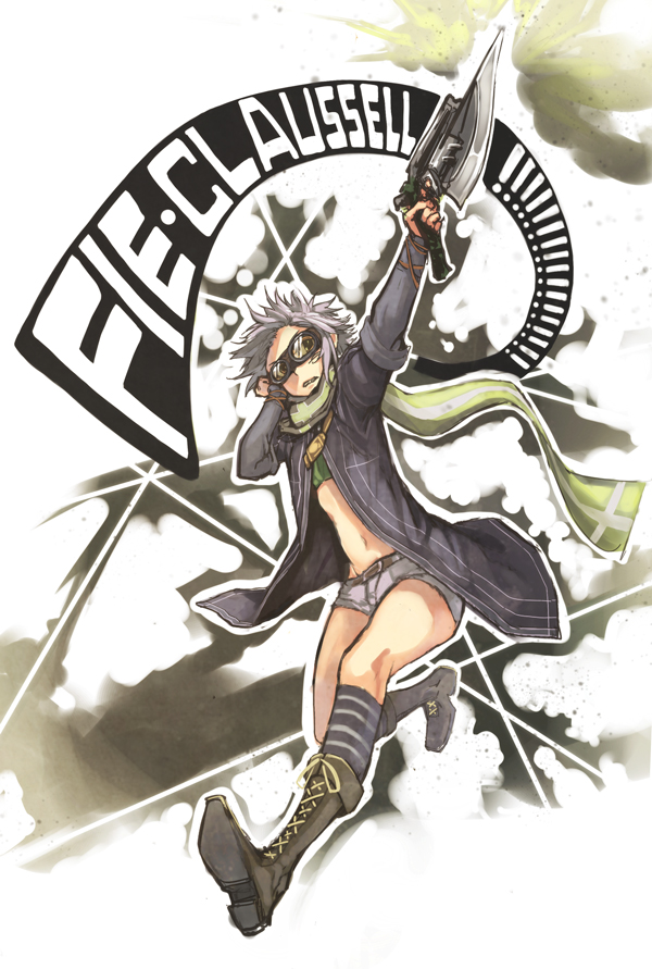 1girl belt black_footwear boots character_name clenched_teeth coat cross-laced_footwear eiyuu_densetsu fie_claussell full_body goggles gunblade irise_ryouji kneehighs midriff navel scarf sen_no_kiseki short_hair short_shorts shorts silver_hair socks solo strapless striped striped_legwear teeth tubetop weapon