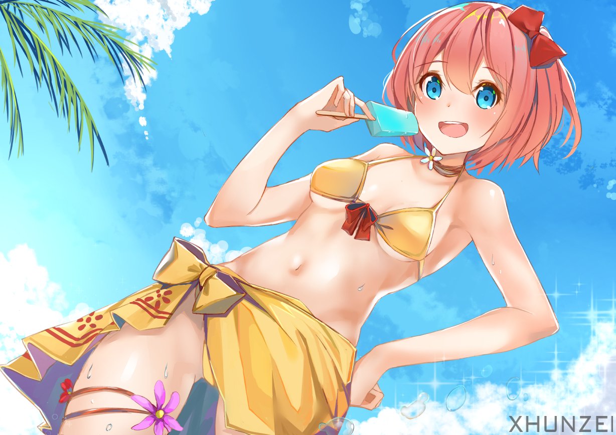 1girl :d artist_name bare_shoulders bikini blue_eyes blue_sky bow breasts breasts_apart clouds commentary day doki_doki_literature_club dutch_angle english_commentary eyebrows_visible_through_hair flower food hair_between_eyes hair_bow hand_on_hip looking_at_viewer medium_breasts navel one_side_up open_mouth outdoors palm_tree pink_hair popsicle red_bow sarong sayori_(doki_doki_literature_club) short_hair sky smile solo swimsuit tree water_drop xhunzei yellow_bikini
