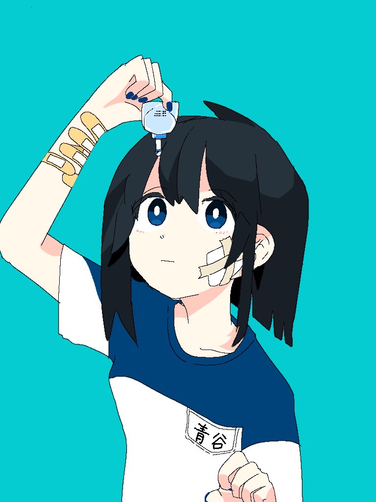 1girl :| bandage_on_face bandaid_on_arm bangs black_hair blue_background blue_eyes blue_nails blue_shirt closed_mouth commentary_request eguchi_saan eyebrows_visible_through_hair fingernails hair_between_eyes holding looking_up nail_polish original shirt short_sleeves simple_background sketch_eyebrows solo tagme white_shirt