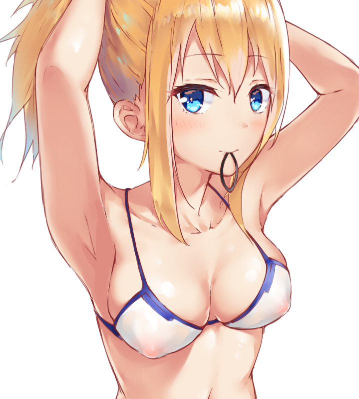 1girl armpits artoria_pendragon_(all) blonde_hair blue_eyes blush breasts cleavage erect_nipples eyebrows_visible_through_hair fate/grand_order fate_(series) looking_at_viewer medium_breasts medium_hair mysterious_heroine_xx_(foreigner) prpr_friends simple_background solo swimsuit tying_hair