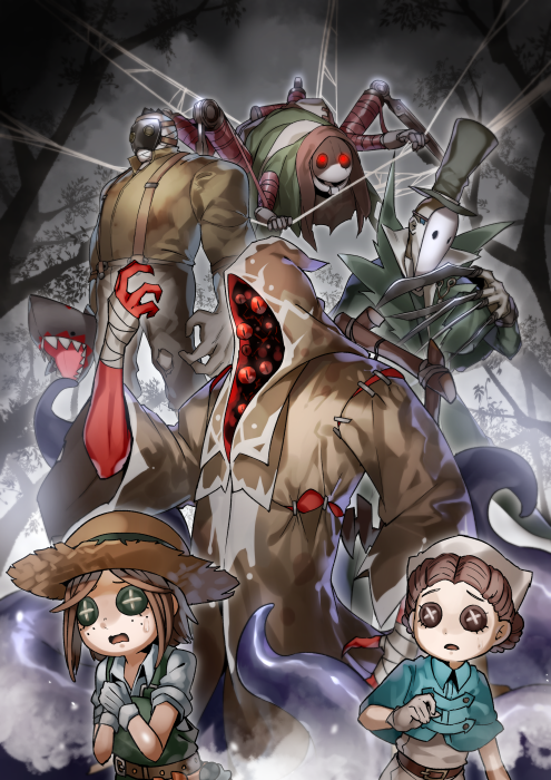 2girls bandage bandaged_arm bandages bangs belt_buckle blue_capelet brown_belt brown_eyes brown_hair brown_hat brown_robe brown_shirt buckle bug button_eyes capelet character_request commentary_request eiri_(eirri) forehead freckles gloves green_coat green_eyes green_hat green_overalls grey_gloves grey_pants grey_shirt hat head_scarf hood hood_up hooded_robe identity_v jack_(identity_v) mask monster multiple_girls open_mouth overalls pants parted_bangs red_skin robe sharp_teeth shirt short_sleeves silk spider spider_web suspenders teeth tentacle top_hat tree white_shirt