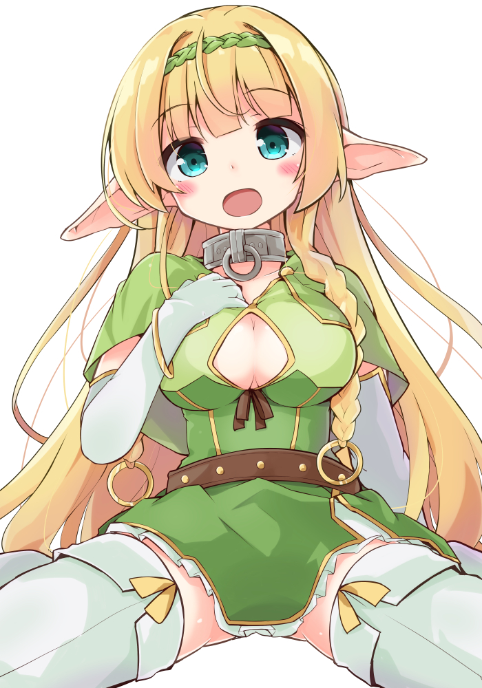 1girl :d bangs blonde_hair blue_eyes blush braid breasts cleavage cleavage_cutout collarbone commentary_request dress elbow_gloves elf eyebrows_visible_through_hair gloves green_dress hand_on_own_chest hand_up head_tilt isekai_maou_to_shoukan_shoujo_dorei_majutsu long_hair looking_at_viewer medium_breasts open_mouth pointy_ears shera_l_greenwood short_sleeves sidelocks simple_background sitting smile solar_milk solo spread_legs thigh-highs very_long_hair white_background white_gloves white_legwear