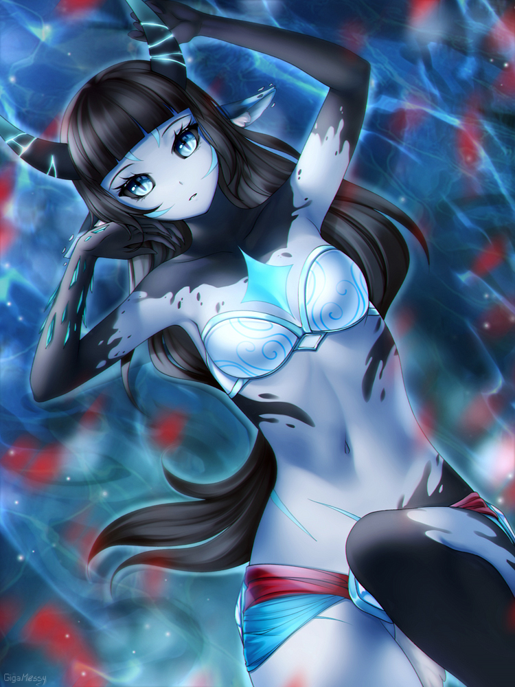 1girl animal_ears artist_name bangs black_hair black_sclera blue_eyes blue_skin blunt_bangs breasts collarbone commentary english_commentary facial_mark gigamessy horns long_hair looking_at_viewer navel original small_breasts solo stomach very_long_hair water