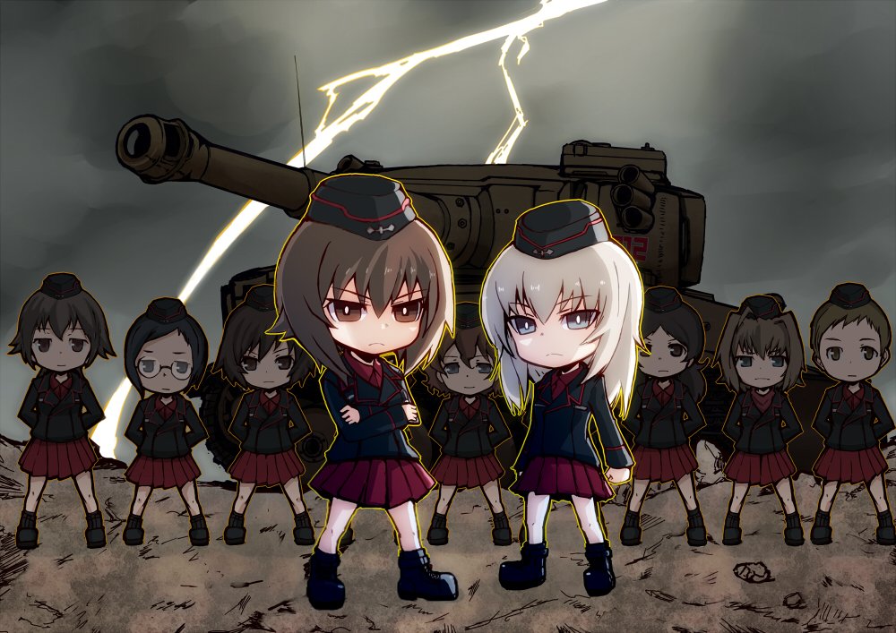 6+girls akaboshi_koume ankle_boots arm_behind_back arms_behind_head black_footwear black_hat black_jacket black_legwear blue_eyes boots brown_eyes brown_hair chibi clenched_hand closed_mouth clouds cloudy_sky commentary crossed_arms dress_shirt emblem extra eyebrows_visible_through_hair frown garrison_cap geshiko_(girls_und_panzer) girls_und_panzer glasses ground_vehicle hat itsumi_erika jacket kuromorimine_military_uniform lightning long_sleeves mauko_(girls_und_panzer) military military_hat military_uniform military_vehicle miniskirt motor_vehicle multiple_girls nishizumi_maho outdoors parade_rest pleated_skirt red_shirt red_skirt ritaiko_(girls_und_panzer) round_eyewear sangou_(girls_und_panzer) shirt short_hair silver_hair skirt sky socks standing_at_attention tank tiger_i toganoo uniform very_short_hair
