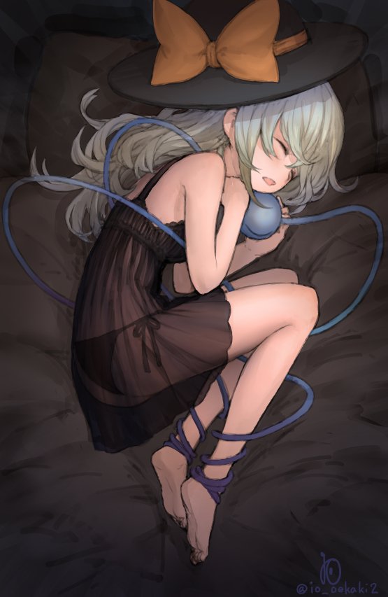 1girl barefoot black_panties bow breasts chemise closed_eyes fetal_position hat hat_bow io_(io_oekaki) komeiji_koishi long_hair lying on_side panties see-through side-tie_panties sidelocks sleeping small_breasts solo third_eye touhou underwear underwear_only