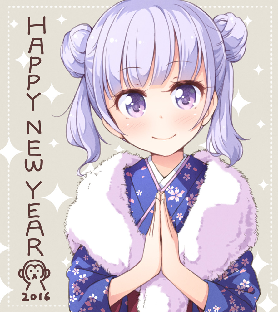 1girl 2016 alternate_hairstyle blush dot_nose double_bun grey_background hands_together happy_new_year japanese_clothes kimono looking_at_viewer monkey new_game! new_year official_art purple_hair smile solo sparkle suzukaze_aoba tokunou_shoutarou twintails violet_eyes