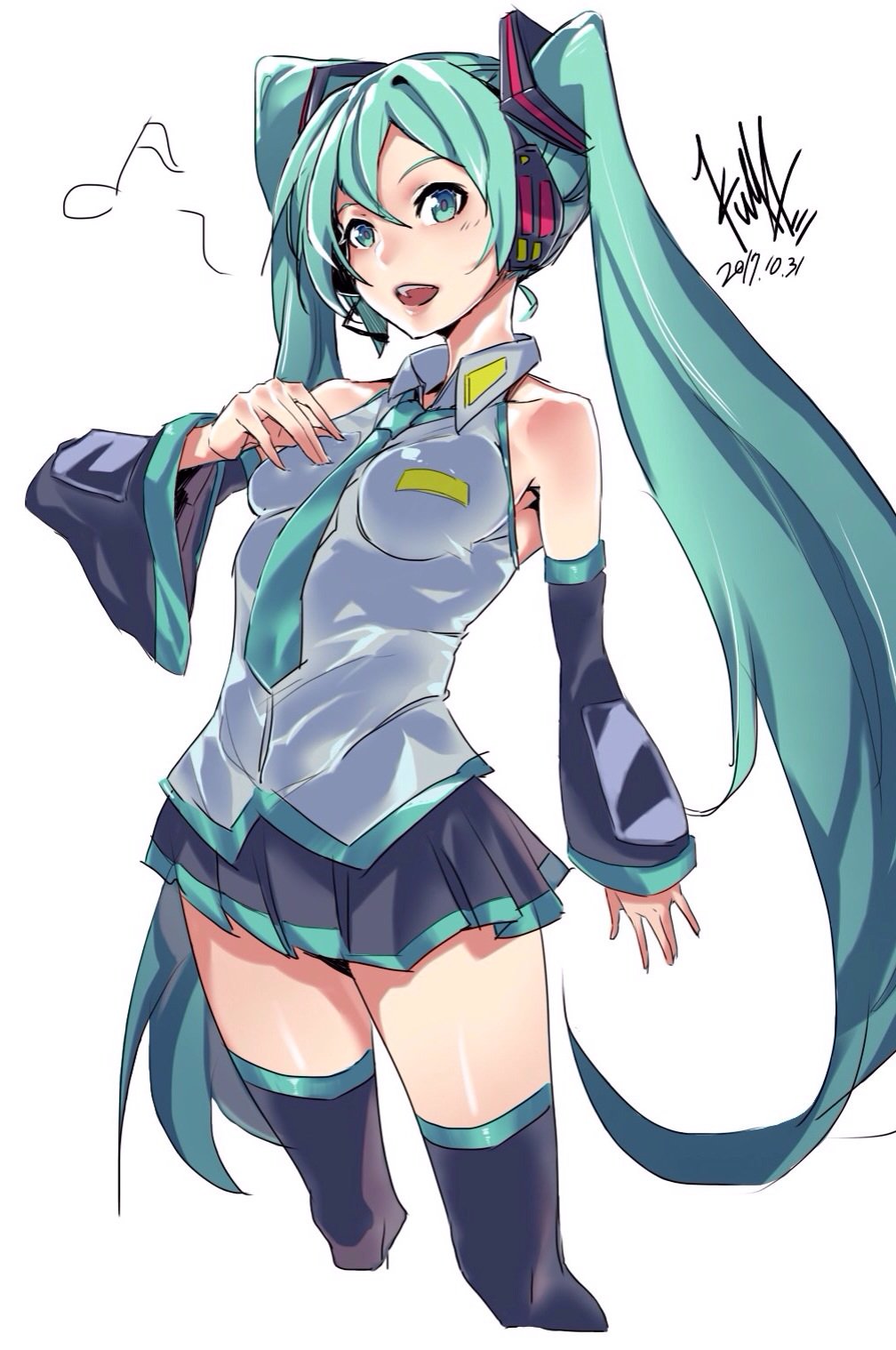 1girl artist_name black_legwear black_skin breasts collared_shirt commentary cowboy_shot cropped_legs dated detached_sleeves eighth_note green_eyes green_hair green_neckwear hair_ornament hand_on_own_chest hatsune_miku headphones headset highres kuma_(jk0073) long_hair looking_at_viewer miniskirt musical_note necktie open_mouth pleated_skirt shirt signature skirt sleeveless sleeveless_shirt small_breasts smile solo spoken_musical_note standing thigh-highs twintails very_long_hair vocaloid