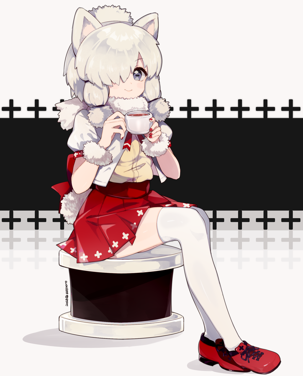 1girl alpaca_ears alpaca_suri_(kemono_friends) alpaca_tail animal_ears bangs blush captain_yue closed_mouth cup eyebrows_visible_through_hair fingernails grey_eyes hair_over_one_eye highres holding holding_cup jacket kemono_friends nail_polish pleated_skirt puffy_short_sleeves puffy_sleeves red_footwear red_nails red_skirt shirt shoes short_sleeves silver_hair sitting skirt smile solo tail tea teacup thigh-highs white_jacket white_legwear yellow_shirt
