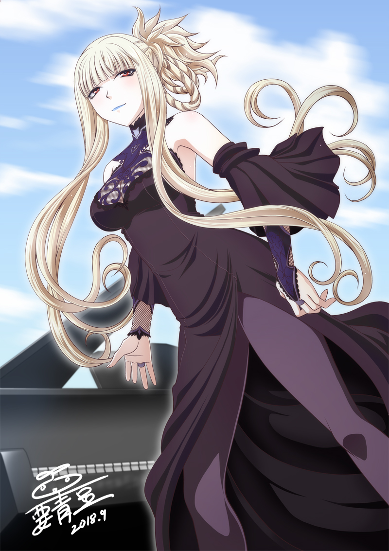 1girl aoki_hagane_no_arpeggio artist_name bangs black_dress blue_lipstick blue_sky blunt_bangs breasts bridal_gauntlets cleavage commentary_request dated detached_sleeves dress hair_up kaname_aomame kongou_(aoki_hagane_no_arpeggio) lace lipstick long_hair makeup medium_breasts pantyhose red_eyes side_slit sidelocks sky smile solo translated upper_body white_hair wide_sleeves