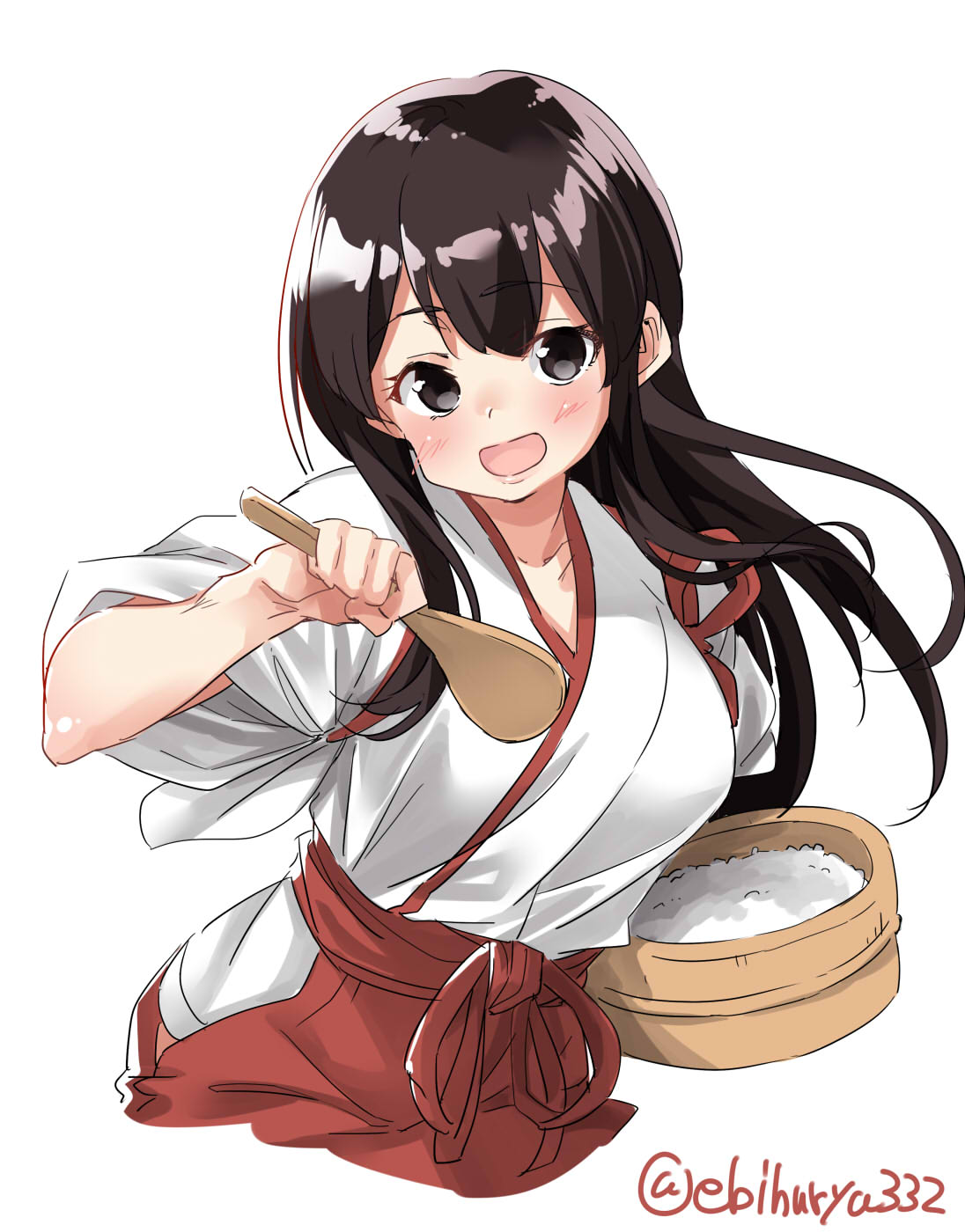 1girl :d akagi_(kantai_collection) bangs blush breasts brown_hair commentary_request cropped_legs cropped_torso ebifurya hakama hakama_skirt highres hip_vent holding japanese_clothes kantai_collection kimono large_breasts long_hair looking_at_viewer ohitsu open_mouth red_hakama rice rice_spoon shiny shiny_hair simple_background smile solo tasuki twitter_username upper_body white_background white_kimono
