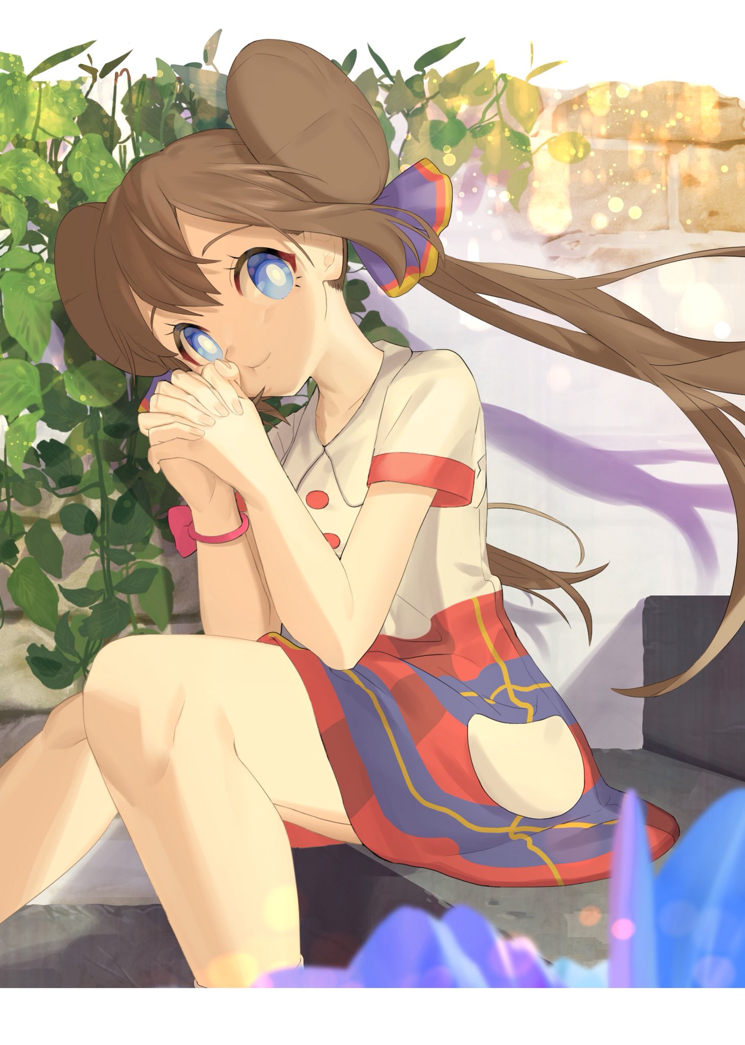 1girl ankea_(a-ramo-do) bangs blue_eyes bow bracelet brick_wall brown_hair closed_mouth collared_shirt creatures_(company) double_bun game_freak hair_between_eyes hair_ornament hair_ribbon hands_clasped highres jewelry knees_touching long_hair looking_at_viewer mei_(pokemon) miniskirt nintendo own_hands_together pink_bow plant pokemon pokemon_(game) pokemon_bw2 red_button red_sleeves ribbon school_uniform serafuku shadow shirt short_sleeves sitting skirt smile solo vines water_drop white_legwear white_pupils white_shirt