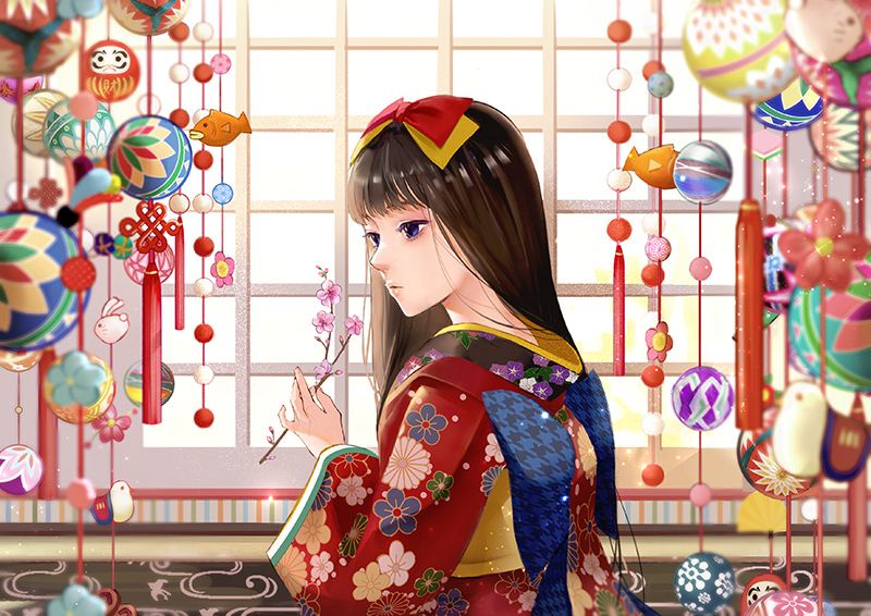 1girl antweiyi ball black_hair bow commentary daruma_doll day floral_print hair_bow hinamatsuri holding_branch japanese_clothes kimono long_hair original red_bow red_kimono solo tagme temari_ball upper_body window