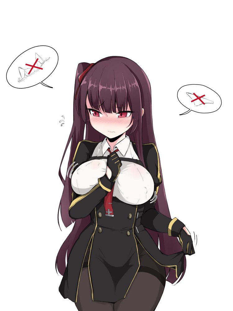 1girl bangs between_breasts black_legwear blazer blush breasts closed_mouth collared_shirt covered_nipples embarrassed eyebrows_visible_through_hair flying_sweatdrops framed_breasts girls_frontline gloves hair_ribbon half_updo hand_between_breasts high-waist_skirt jacket kumasteam large_breasts lifted_by_self long_hair looking_away necktie no_bra no_panties one_side_up pantyhose pelvic_curtain purple_hair red_eyes red_neckwear red_ribbon ribbon shirt simple_background skirt skirt_lift solo strap taut_clothes taut_shirt thighband_pantyhose very_long_hair wa2000_(girls_frontline) wavy_mouth white_background white_shirt