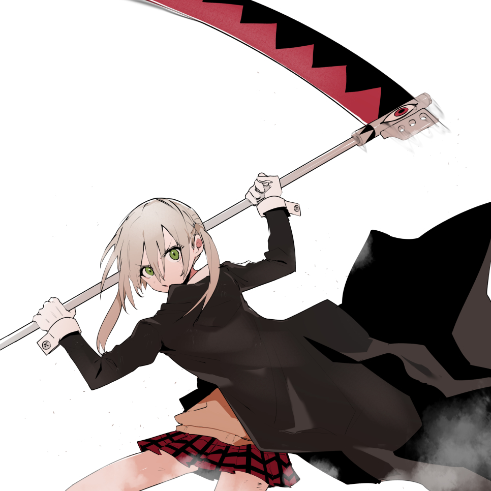 1girl arm_up bangs black_jacket ddari eyebrows_visible_through_hair gloves green_eyes grey_hair hair_between_eyes holding holding_scythe jacket long_hair long_sleeves looking_at_viewer maka_albarn open_clothes open_jacket plaid plaid_skirt pleated_skirt red_skirt scythe simple_background skirt solo soul_eater sweater_vest twintails white_background white_gloves