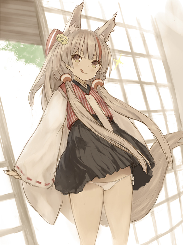 1girl :p animal_ears arms_at_sides azur_lane bell bow extra_ears eyebrows_visible_through_hair fox_ears fox_tail goekawa grey_hair hair_bell hair_bow hair_ornament japanese_clothes kamikaze_(azur_lane) long_hair long_sleeves lowleg lowleg_panties multicolored_hair panties ribbon ribbon-trimmed_sleeves ribbon_trim shouji side-tie_panties side_ponytail silver_hair skirt sliding_doors smile solo sparkle standing streaked_hair tail tongue tongue_out underwear white_panties wind wind_lift