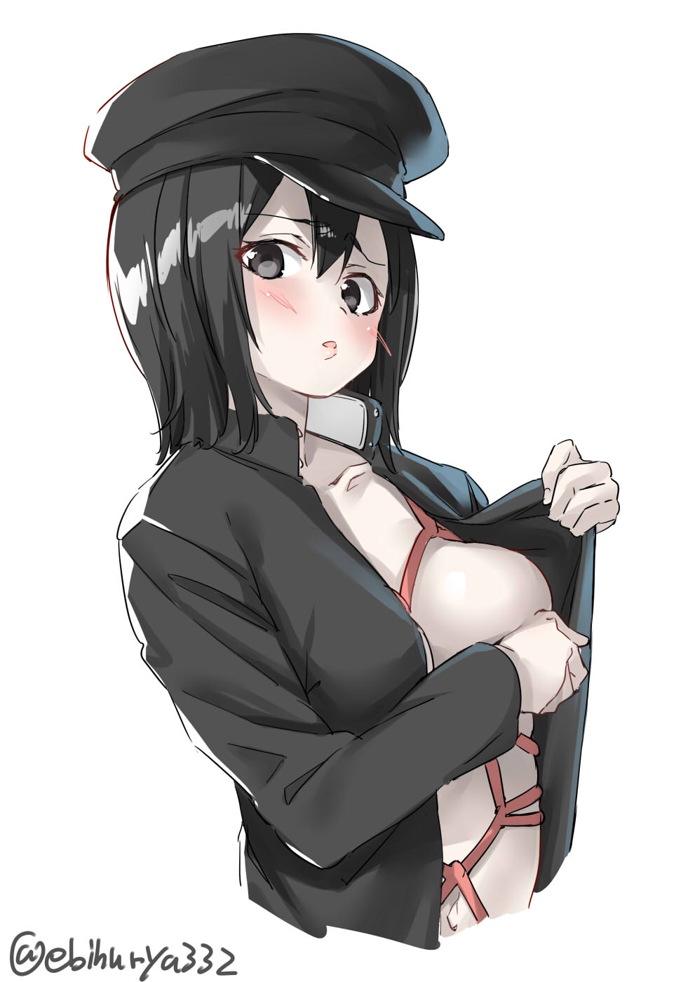 1girl akitsu_maru_(kantai_collection) black_eyes black_hair black_hat black_jacket blush breasts commentary_request cropped_torso ebifurya eyebrows_visible_through_hair furrowed_eyebrows hair_between_eyes hat high_collar highres jacket kantai_collection looking_at_viewer medium_breasts medium_hair military military_uniform open_clothes open_jacket pale_skin peaked_cap red_rope remodel_(kantai_collection) rope shibari shibari_under_clothes simple_background solo twitter_username uniform white_background