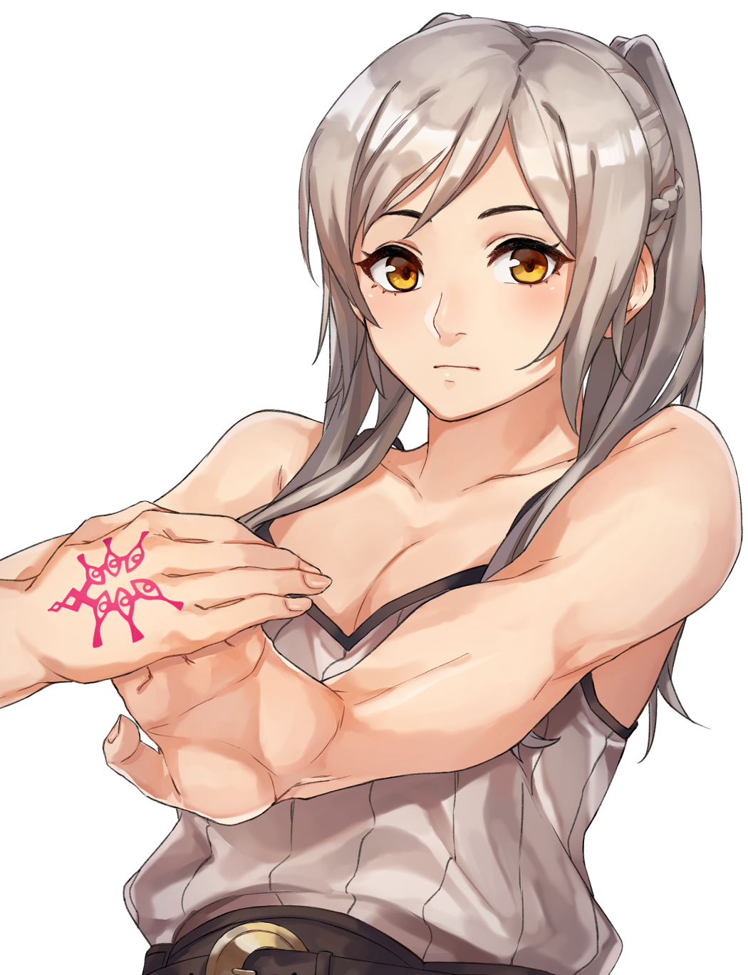 1girl bare_shoulders female_my_unit_(fire_emblem:_kakusei) fire_emblem fire_emblem:_kakusei highres kamu_(kamuuei) long_hair looking_at_viewer mamkute my_unit_(fire_emblem:_kakusei) nintendo simple_background smile solo tattoo twintails white_hair yellow_eyes