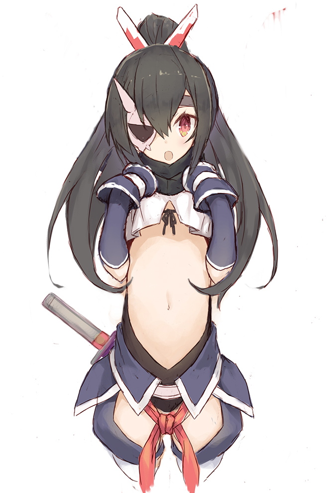 1girl :o azur_lane bangs black_hair black_leotard blush center_opening character_request eyepatch goekawa hair_between_eyes hands_up headgear high_ponytail katana leotard long_hair long_sleeves navel open_mouth ponytail red_eyes simple_background sleeves_past_fingers sleeves_past_wrists solo sword very_long_hair weapon white_background