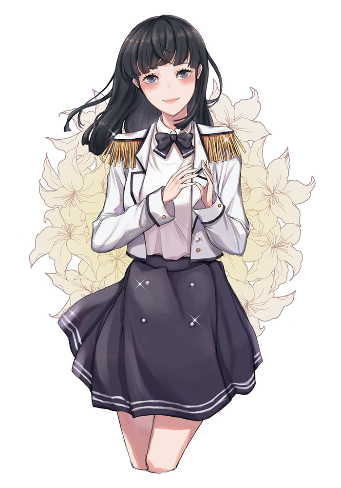 1girl black_bow black_hair black_skirt blue_eyes blush bow bowtie epaulettes flower looking_at_viewer original school_uniform simple_background skirt soyubee standing uniform white_background