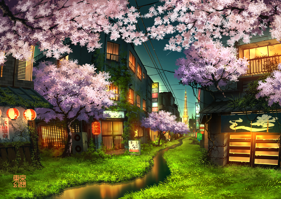 awning cherry_blossoms grass lantern night no_humans original outdoors paper_lantern power_lines railing scenery shooting_star sign sliding_doors stream tokyogenso translation_request tree watermark