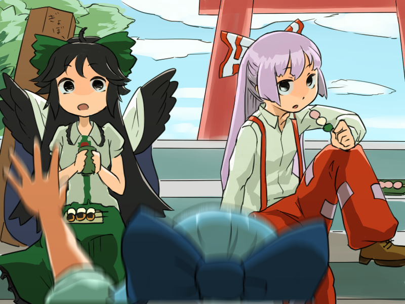 3girls amayadori-tei bangs bird_wings black_eyes black_hair black_wings blue_bow blue_hair blue_sky bow cape cirno clouds collared_shirt commentary_request cup dango day eating feet_out_of_frame food foot_out_of_frame frilled_shirt_collar frilled_skirt frills fujiwara_no_mokou green_bow green_skirt hair_bow long_hair long_sleeves looking_at_another multiple_girls ofuda ofuda_on_clothes onbashira open_mouth pants pink_hair puffy_short_sleeves puffy_sleeves red_pants reiuji_utsuho sanshoku_dango shirt short_sleeves sitting sitting_on_stairs skirt sky stairs suspenders torii touhou very_long_hair wagashi waving white_bow white_cape white_shirt wings yunomi