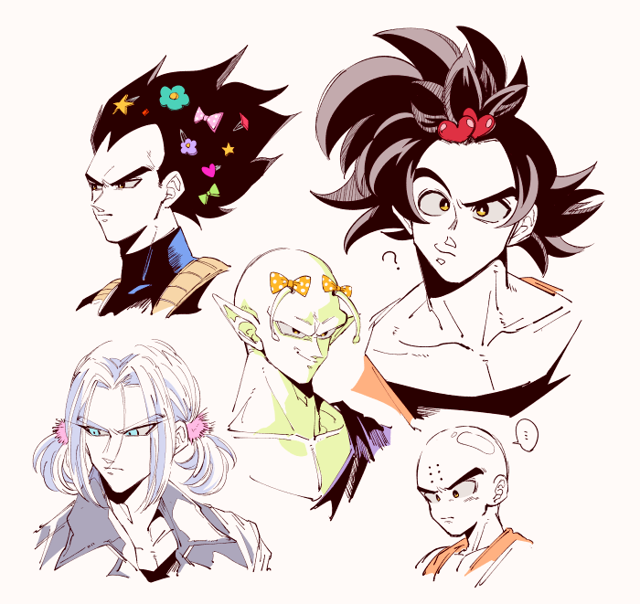 ... 5boys ? alternate_hairstyle antennae bald bangs black_shirt blue_eyes blue_flower close-up confused dragon_ball dragonball_z expressionless eyebrows_visible_through_hair eyelashes face father_and_son flower frown green_ribbon grin hair_ornament hair_ribbon hairclip heart jacket kuririn looking_away looking_down male_focus multiple_boys onkywi piccolo pink_ribbon pointy_ears polka_dot_ribbon purple_flower purple_hair ribbon shirt simple_background smile son_gokuu speech_bubble star trunks_(dragon_ball) twintails upper_body vegeta white_background yellow_ribbon