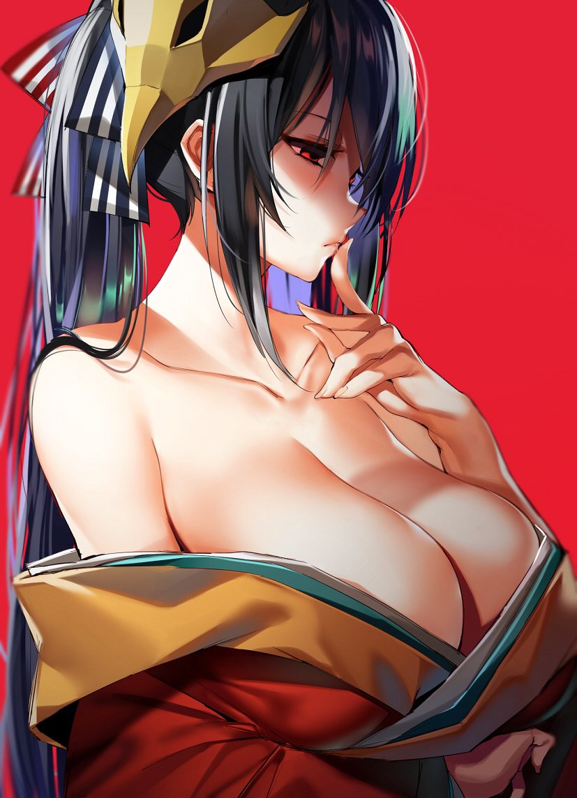 1girl azur_lane bare_shoulders black_hair breast_hold breasts cleavage closed_mouth collarbone empty_eyes finger_to_mouth hair_ribbon huge_breasts japanese_clothes kimono lips long_hair mask mask_on_head off_shoulder orihi_chihiro profile red_background red_eyes ribbon simple_background solo taihou_(azur_lane) twintails
